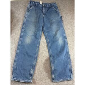 VINTAGE Carhartt Jeans Mens Blue Flannel Lined Relaxed Straight Carpenter 34x32